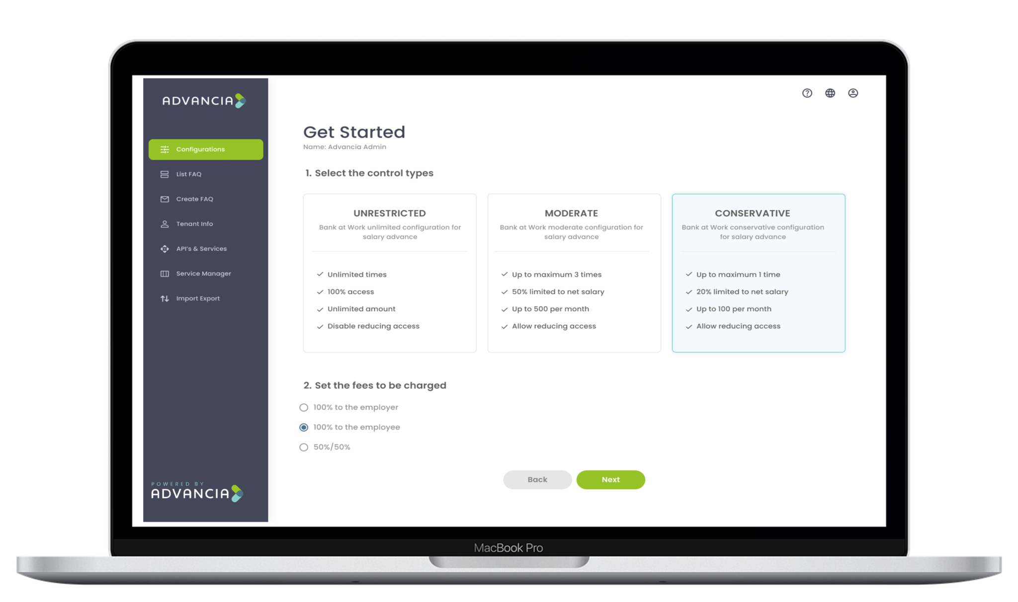 Advancia app interface on MacBook Pro